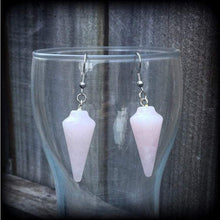 Load image into Gallery viewer, Rose Quartz earrings Gemstone earrings Crystal earrings Boho earrings Pendulum earrings Throat chakra 3mm tunnel earrings 4mm plug earrings
