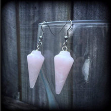 Load image into Gallery viewer, Rose Quartz earrings Gemstone earrings Crystal earrings Boho earrings Pendulum earrings Throat chakra 3mm tunnel earrings 4mm plug earrings