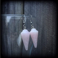 Load image into Gallery viewer, Rose Quartz earrings Gemstone earrings Crystal earrings Boho earrings Pendulum earrings Throat chakra 3mm tunnel earrings 4mm plug earrings