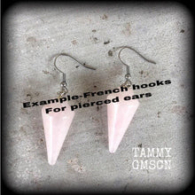 Load image into Gallery viewer, Rose Quartz earrings Gemstone earrings Crystal earrings Boho earrings Pendulum earrings Throat chakra 3mm tunnel earrings 4mm plug earrings