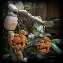 Load image into Gallery viewer, Horse earrings Rocking horse earrings Wood earrings Animal earrings Carved Wood earrings Organic earrings Year of the Horse earrings 2 gauge
