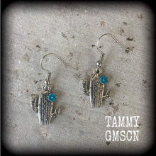 Load image into Gallery viewer, Cactus earrings Succulent earrings Peyote earrings Plant jewelry Vegan earrings Cactus jewellery Tunnel earrings Plug dangles Blue flowers