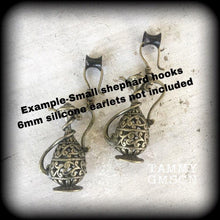 Load image into Gallery viewer, Genie Lamp earrings for stretched lobes, Light weight ear weights, Tunnel dangles, Hanging gauges, Gauged earrings, Plug dangles, Bronze 2g