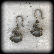 Load image into Gallery viewer, Rocking horse earrings Animal earrings Horse jewelry Equine earrings Carousel earrings Plug earrings Tunnel earrings Pierced ears Gauges