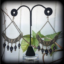 Load image into Gallery viewer, Voodoo earrings Skull earrings Large bronze earrings Tribal earrings Ornate earrings Ogoun jewelry Tunnel earrings Plug earrings Loa jewelry