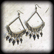 Load image into Gallery viewer, Voodoo earrings Skull earrings Large bronze earrings Tribal earrings Ornate earrings Ogoun jewelry Tunnel earrings Plug earrings Loa jewelry