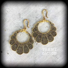 Load image into Gallery viewer, Artemis earrings, Dangle earrings, Peacock earrings, Goddess earrings, Shield earrings, Maiden earrings, Goddess jewelry, Tunnel earrings