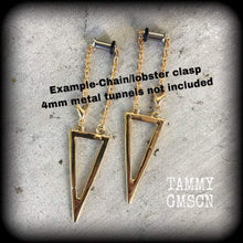 Load image into Gallery viewer, Triangle earrings Sacred geometry Alchemy earrings Inverted triangle Elemental jewelry Sigil earrings Dangle earring 3mm 4mm Gauged earrings