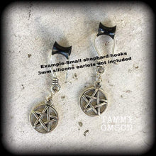 Load image into Gallery viewer, 8 gauge ear hangers Pentagram plug earrings 3mm plug dangles Witchy 6 gauge ear weights 4 gauge Tunnel dangles Gauged earrings 0g 00g 2g 4g