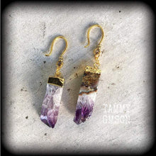 Load image into Gallery viewer, Amethyst Earrings Gemstone Earrings Quartz Earrings Crystal Rock Organic Dangle earrings Gauge earrings Plug earrings Tunnel dangles 2g 4g