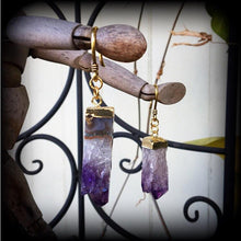 Load image into Gallery viewer, Amethyst Earrings Gemstone Earrings Quartz Earrings Crystal Rock Organic Dangle earrings Gauge earrings Plug earrings Tunnel dangles 2g 4g