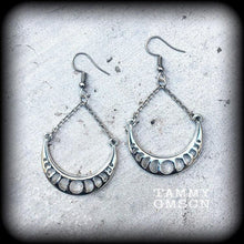Load image into Gallery viewer, Moon phases Moon earrings Waxing moon earrings Pagan jewelry New moon Waxing moon Tunnel dangles Gauged earrings Plug earrings 8 gauge 6g 4g