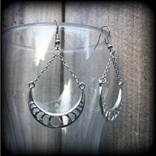 Load image into Gallery viewer, Moon phases Moon earrings Waxing moon earrings Pagan jewelry New moon Waxing moon Tunnel dangles Gauged earrings Plug earrings 8 gauge 6g 4g