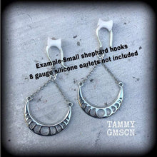 Load image into Gallery viewer, Moon phases Moon earrings Waxing moon earrings Pagan jewelry New moon Waxing moon Tunnel dangles Gauged earrings Plug earrings 8 gauge 6g 4g