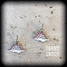 Load image into Gallery viewer, Dinosaur earrings Stegosaurus earrings Dinosaur jewelry Jurassic earrings T Rex 4mm tunnel earrings Reptile jewelry 6 gauge plug earrings