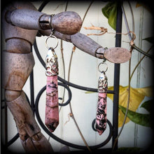 Load image into Gallery viewer, Rhodonite earrings Gemstone earrings Dangle earrings Pendulum earrings Wicca Pagan Chakra Earrings for pierced ears and stretched lobes 3mm