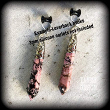 Load image into Gallery viewer, Rhodonite earrings Gemstone earrings Dangle earrings Pendulum earrings Wicca Pagan Chakra Earrings for pierced ears and stretched lobes 3mm