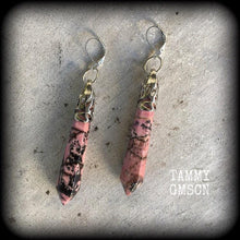 Load image into Gallery viewer, Rhodonite earrings Gemstone earrings Dangle earrings Pendulum earrings Wicca Pagan Chakra Earrings for pierced ears and stretched lobes 3mm