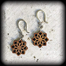 Load image into Gallery viewer, Mandala earrings Geometric earrings Sacred Geometry Wood Fractal Plug earrings Tunnel dangles Yoga earrings Boho earrings Pierced ears Plugs
