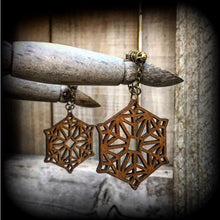 Load image into Gallery viewer, Mandala earrings Geometric earrings Sacred Geometry Wood Fractal Plug earrings Tunnel dangles Boho earrings Wood jewelry 6mm 2 gauge plugs
