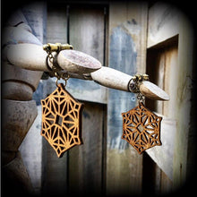 Load image into Gallery viewer, Mandala earrings Geometric earrings Sacred Geometry Wood Fractal Plug earrings Tunnel dangles Boho earrings Wood jewelry 6mm 2 gauge plugs