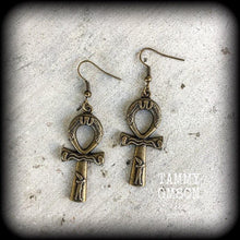 Load image into Gallery viewer, Ankh earrings Egyptian Ankh earrings Egyptian earrings Egyptian Cross earrings Isis 3mm Gauged earrings for pierced ears or stretched lobes