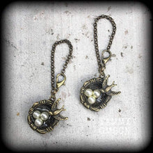 Load image into Gallery viewer, Bird cage earrings Tattoo jewelry Swallow earrings Dove earrings Blue bird jewelry Sailor Jerry 3mm Tunnel dangles 8 gauge Plug dangles 6mm