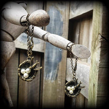 Load image into Gallery viewer, Bird cage earrings Tattoo jewelry Swallow earrings Dove earrings Blue bird jewelry Sailor Jerry 3mm Tunnel dangles 8 gauge Plug dangles 6mm