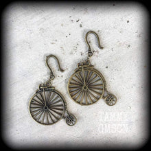 Load image into Gallery viewer, Penny Farthing earrings Bicycle earrings Victorian earrings Kitsch earrings 3mm tunnel dangles Steampunk earrings 5mm plug dangles 6g gauges