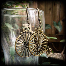 Load image into Gallery viewer, Penny Farthing earrings Bicycle earrings Victorian earrings Kitsch earrings 3mm tunnel dangles Steampunk earrings 5mm plug dangles 6g gauges