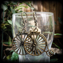 Load image into Gallery viewer, Penny Farthing earrings Bicycle earrings Victorian earrings Kitsch earrings 3mm tunnel dangles Steampunk earrings 5mm plug dangles 6g gauges