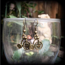 Load image into Gallery viewer, Penny Farthing earrings Bicycle earrings Victorian earrings Kitsch earrings 3mm tunnel dangles Steampunk earrings 5mm plug dangles 6g gauges