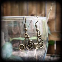 Load image into Gallery viewer, Penny Farthing earrings Bicycle earrings Victorian earrings Kitsch earrings 3mm tunnel dangles Steampunk earrings 5mm plug dangles 6g gauges