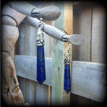 Load image into Gallery viewer, Lapis Lazuli earrings Boho earrings Gemstone earrings Crystal earrings Lapiz Lazuli jewelry Blue earrings Tunnel earrings Plug earrings