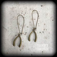 Load image into Gallery viewer, Wishbone earrings Good luck earrings Dangle earrings Nautical earrings Lucky charms Good luck charm 3mm plug dangles 2mm tunnel earrings