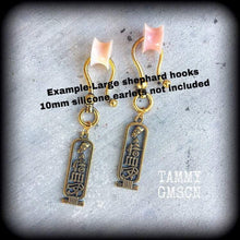 Load image into Gallery viewer, Cartouche earrings Nefertit earrings Egyptian earrings Evil eye earrings Eye of Ra Nefertiti jewelry Esoteric earrings Plug dangles Tunnels