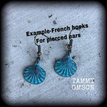 Load image into Gallery viewer, Shell earrings Patina jewelry Nautical jewelry Mermaid earrings Lovecraft 3mm Tunnel dangles 8 gauge Tunnel earrings Plug earrings Gauges 2g