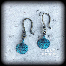 Load image into Gallery viewer, Shell earrings Patina jewelry Nautical jewelry Mermaid earrings Lovecraft 3mm Tunnel dangles 8 gauge Tunnel earrings Plug earrings Gauges 2g