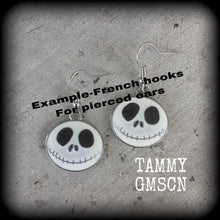 Load image into Gallery viewer, Halloween earrings Jack Skellington Earrings Nightmare Earrings Skeleton Earrings Jack and Sally Tim Burton earrings Pierced ears Gauges 8g
