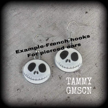 Load image into Gallery viewer, Halloween ear hangers Jack Skellington Tunnel dangles 4mm plug earrings 6mm tunnel earrings Jack and Sally 8mm Gauged earrings 6mm 2g 0g 8mm