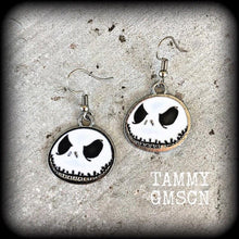 Load image into Gallery viewer, Halloween earrings Jack Skellington earrings Nightmare earrings Skeleton earrings Jack and Sally Tunnel earrings Plug dangles Ear hangers 8g