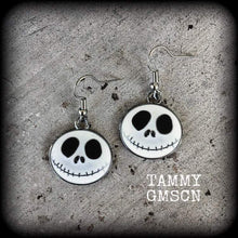 Load image into Gallery viewer, Halloween earrings Jack Skellington Earrings Nightmare Earrings Skeleton Earrings Jack and Sally Tim Burton earrings Pierced ears Gauges 8g