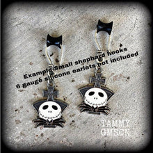 Load image into Gallery viewer, Halloween earrings Jack Skellington Earrings Nightmare Earrings Skeleton Earrings Jack and Sally Tim Burton earrings Pierced ears Gauges 8g