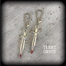 Load image into Gallery viewer, Syringe earrings Halloween earrings Horror earrings Nurse earrings Medical earrings Horror jewelry 4mm plug dangles 8 gauge tunnel earrings