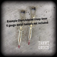 Load image into Gallery viewer, Syringe earrings Halloween earrings Horror earrings Nurse earrings Medical earrings Horror jewelry 4mm plug dangles 8 gauge tunnel earrings