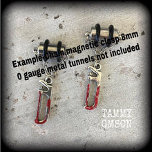Load image into Gallery viewer, Bone saw earrings Tool earrings Crime scene earrings Murder weapon earrings 0 gauge tunnel earrings 4mm 6mm 8mm plug earrings Gore jewelry