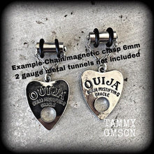 Load image into Gallery viewer, Ouija earrings Planchette earrings Planchette jewelry Occult jewelry Esoteric jewelry Seance earring 3mm Tunnel dangles 8mm Plug earrings 0g