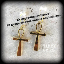 Load image into Gallery viewer, Ankh earrings Egyptian earrings Evil eye earrings Eye of Ra earrings Esoteric earrings 10 gauge tunnel earrings 3mm plug dangles 4mm gauges