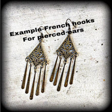 Load image into Gallery viewer, Artemis earrings Goddess earrings Bronze earrings Tunnel earrings Ornate 3mm plug earrings Pierced ears Gauged earrings Tunnel dangles 2g 4g