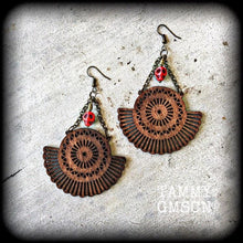 Load image into Gallery viewer, Goddess of Death earrings Kali Maa earrings Wood earrings Mandala earrings Skull earring Kali earrings Hindu earrings Tunnel dangles Gauges